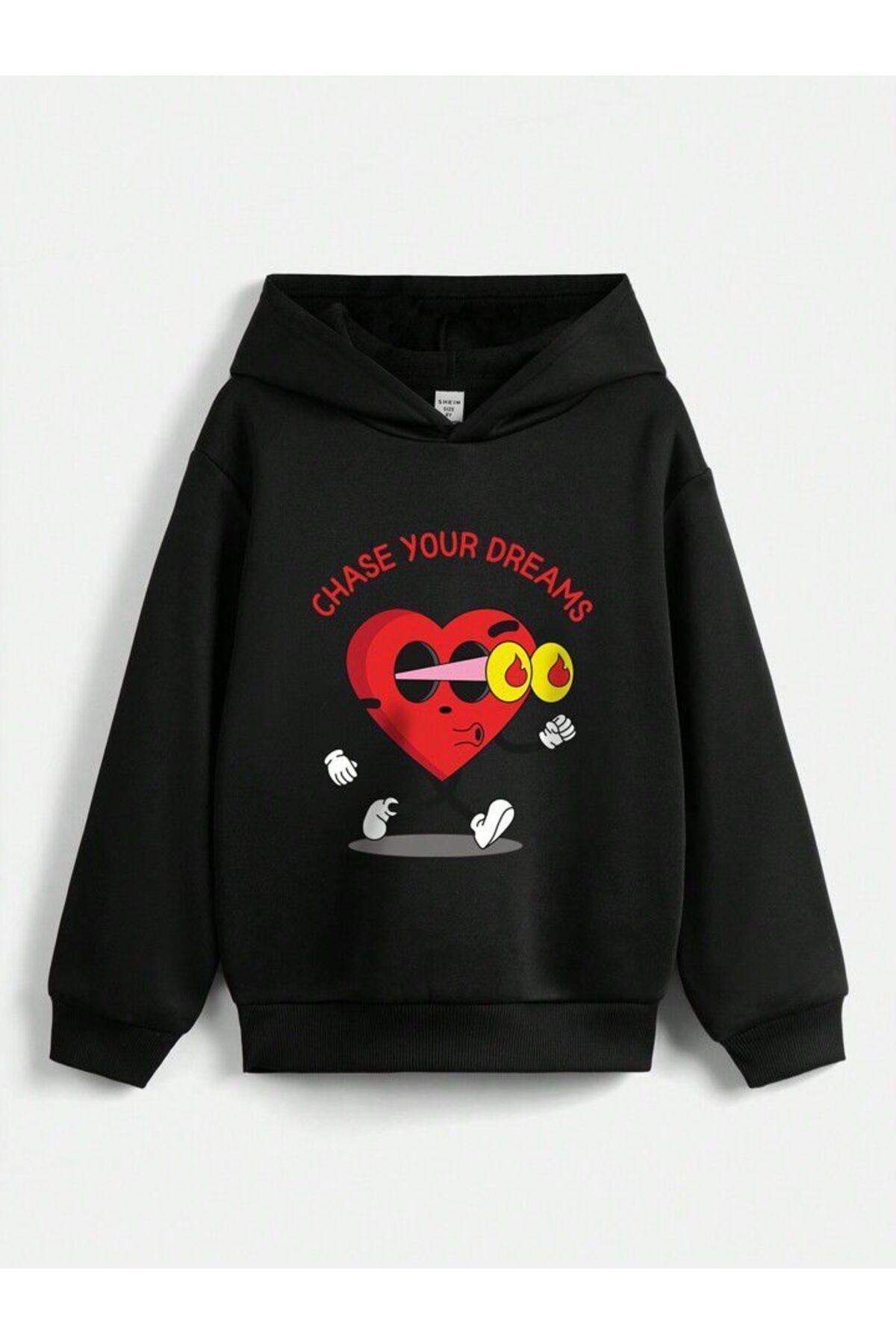 FoxSkin Sportswear&Company Chase Dreams Pamuklu Çocuk Sweatshirt - Siyah Baskılı Kız Erkek Çocuk Kışlık Cepli Kapüşonlu