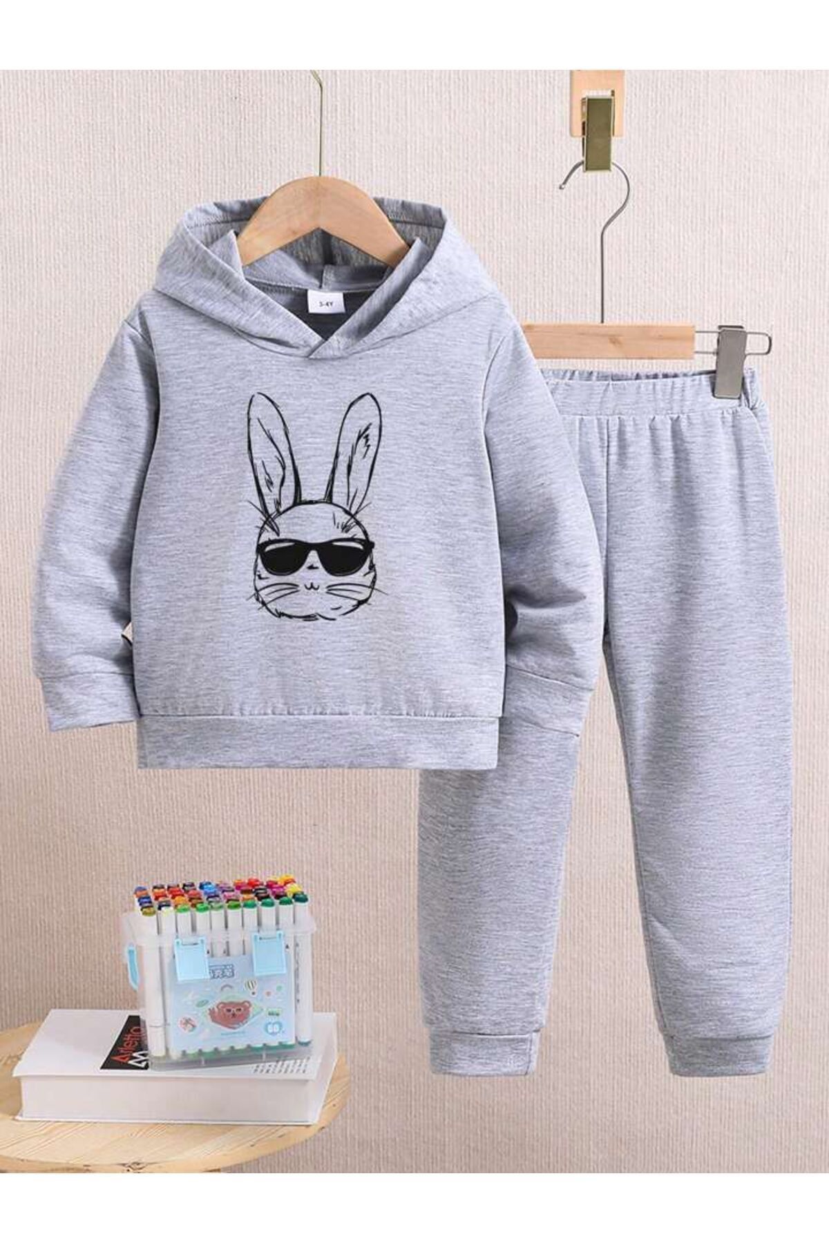 FoxSkin Sportswear&Company Tavşan Kafa Pamuk Çocuk Takım - Gri Sweatshirt Jogger Baskılı Kız Erkek Çocuk Kapüşonlu