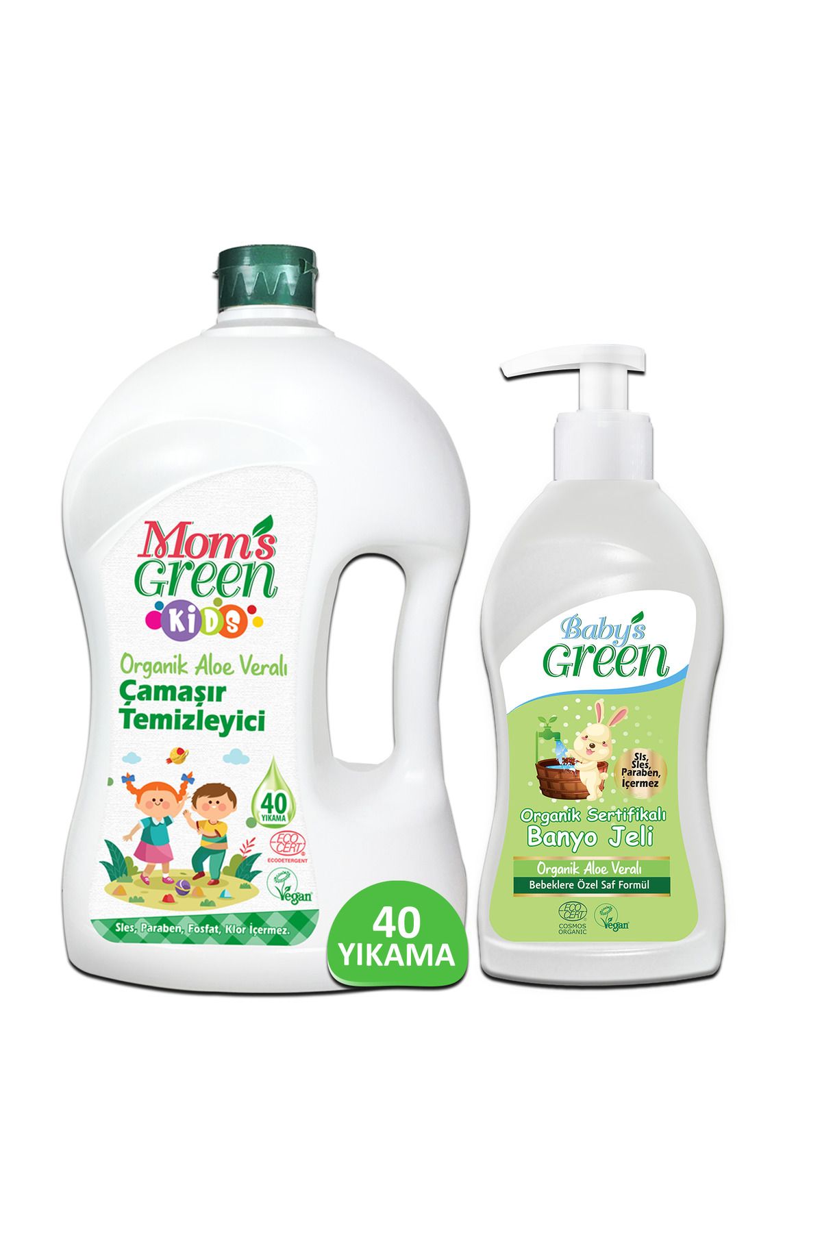 Mom's Green 2'li Set-1500 ml Çocuk Organik Çamaşır Temizleyici (40 Yıkama) ve Bebek Banyo Jeli