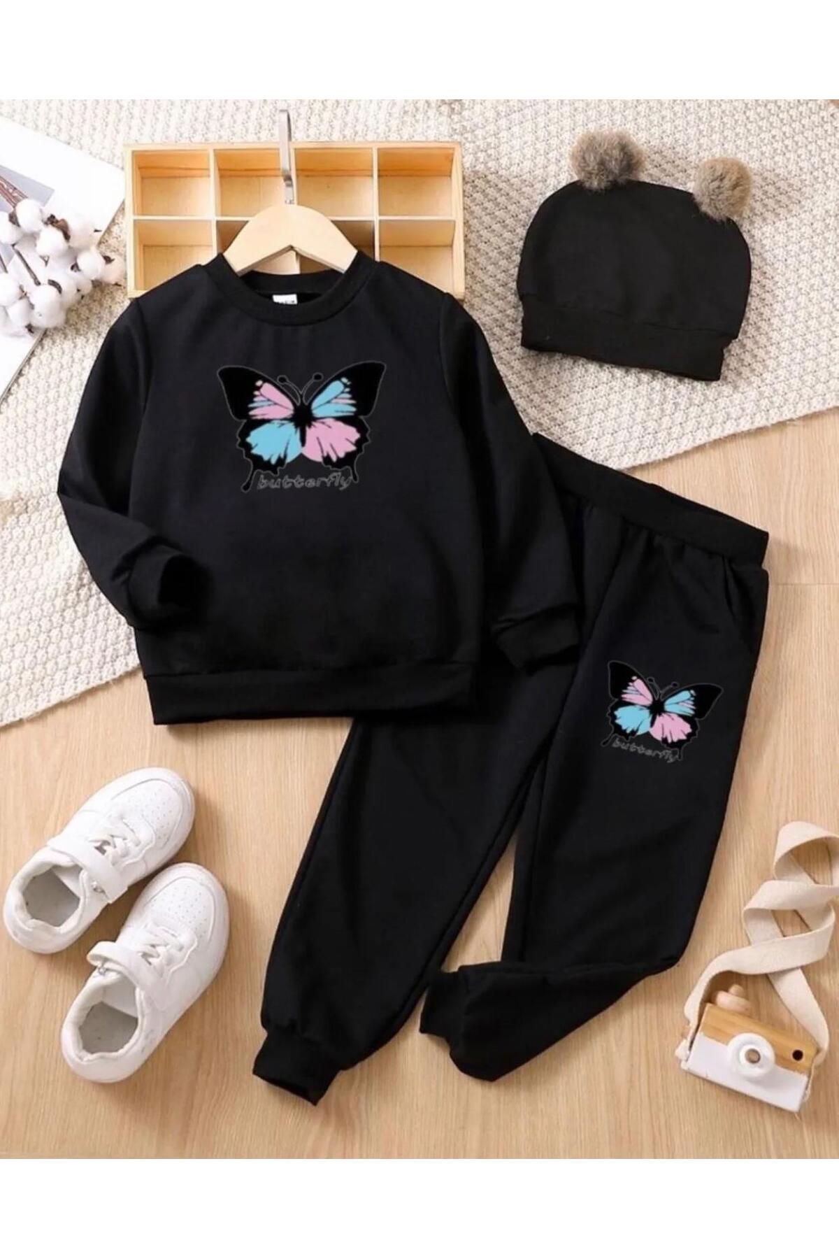 FoxSkin Sportswear&Company Butterfly Tasarım Pamuk Çocuk Takım - Siyah Sweatshirt Jogger Baskılı Kız Erkek Çocuk Bisiklet Yaka