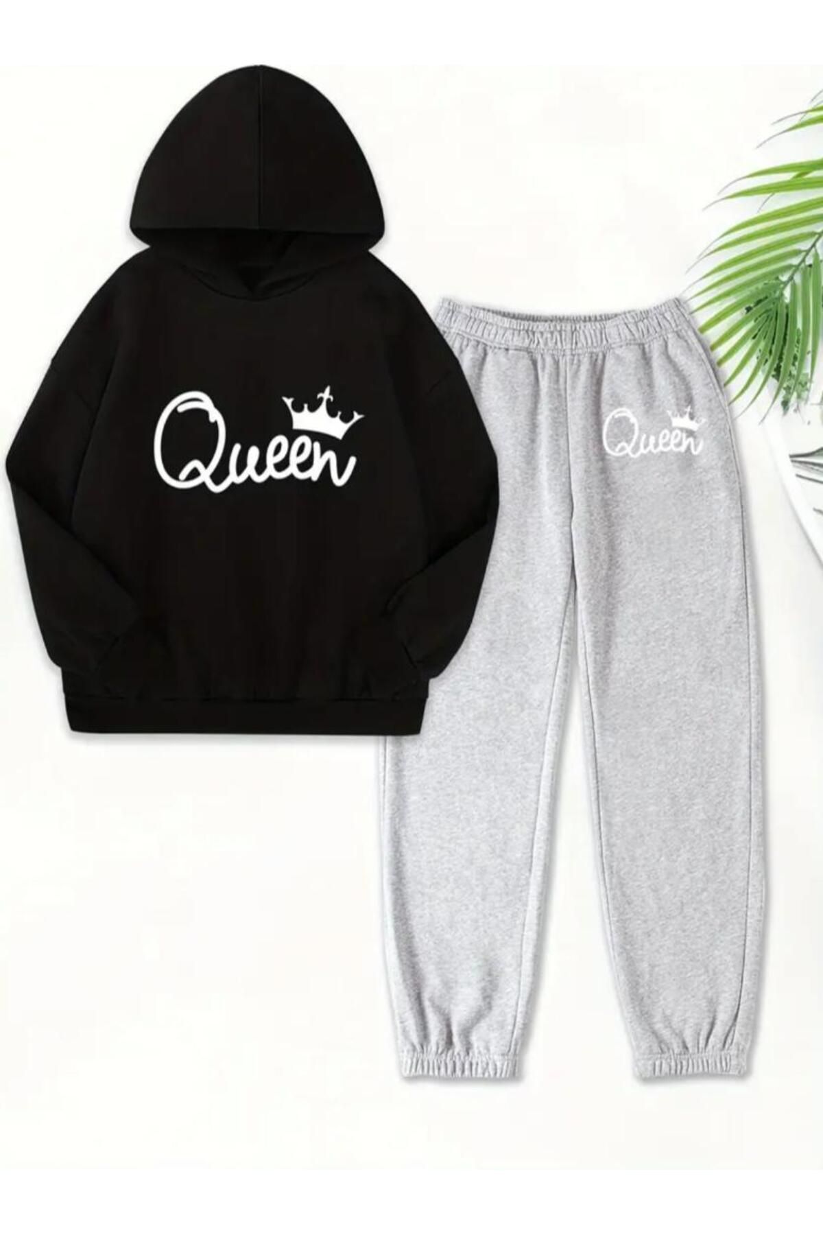 FoxSkin Sportswear&Company Queen Taç Pamuk Çocuk Takım - Siyah Gri Sweatshirt Jogger Baskılı Kız Erkek Çocuk Kapüşonlu