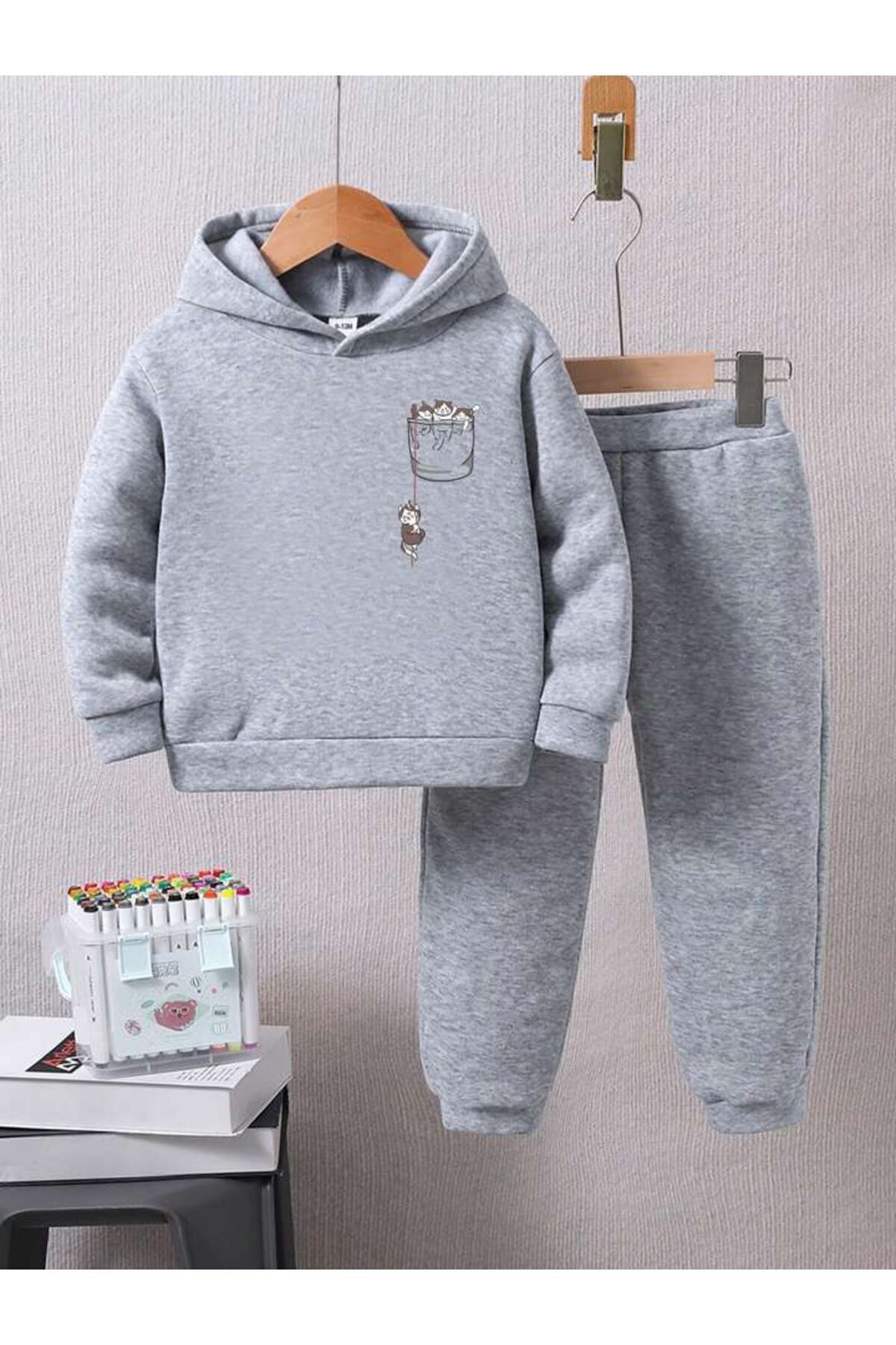 FoxSkin Sportswear&Company Cep Kedi Pamuk Çocuk Takım - Gri Sweatshirt Jogger Baskılı Kız Erkek Çocuk Kapüşonlu