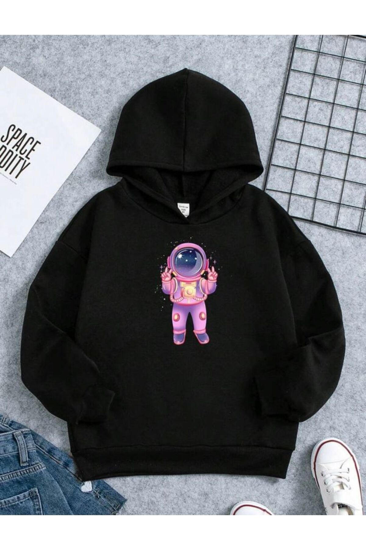 FoxSkin Sportswear&Company Pembe Astronot Pamuklu Çocuk Sweatshirt - Siyah Baskılı Kız Erkek Çocuk Kışlık Cepli Kapüşonlu