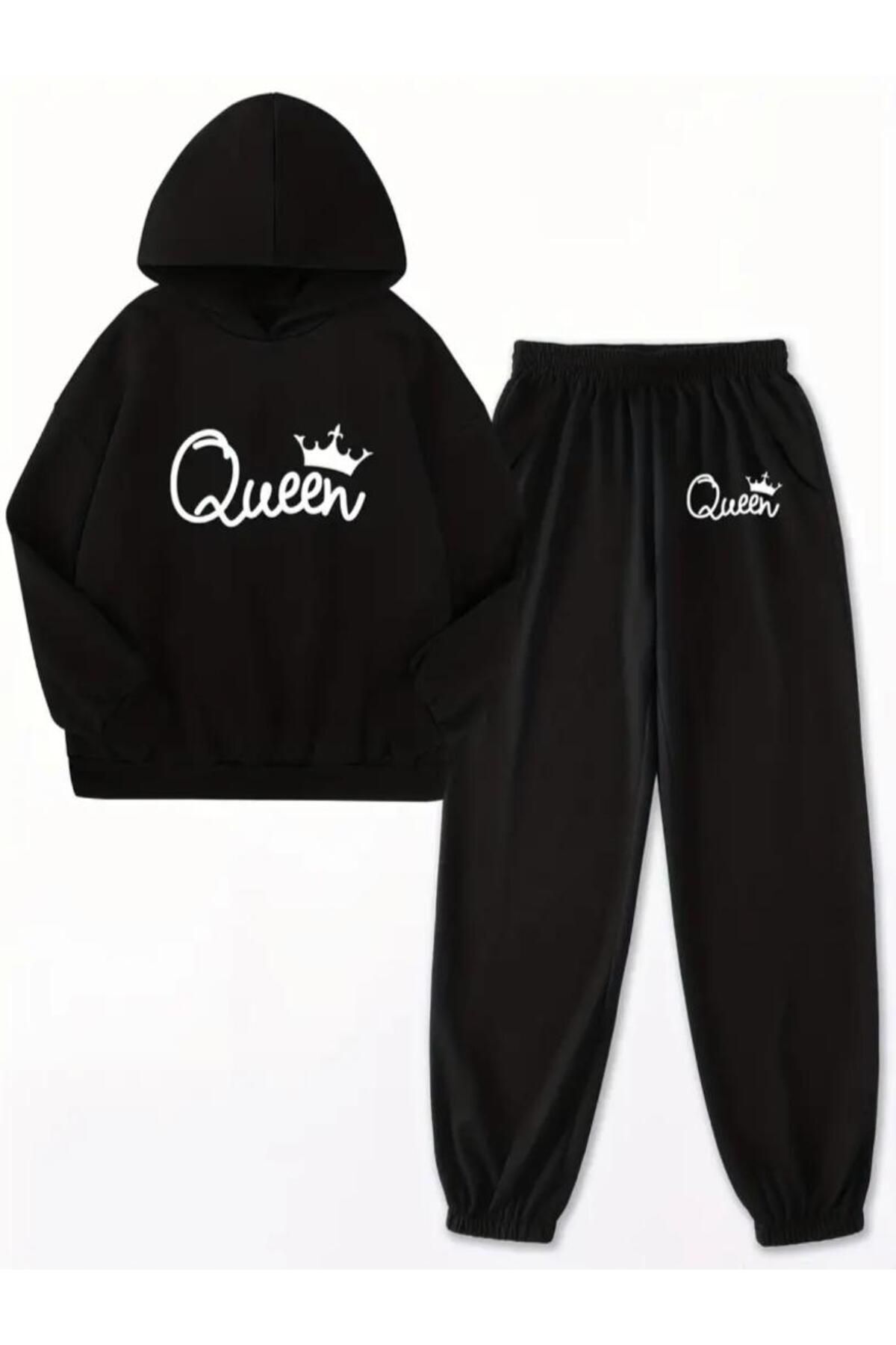 FoxSkin Sportswear&Company Queen Taç Pamuk Çocuk Takım - Siyah Sweatshirt Jogger Baskılı Kız Erkek Çocuk Kapüşonlu