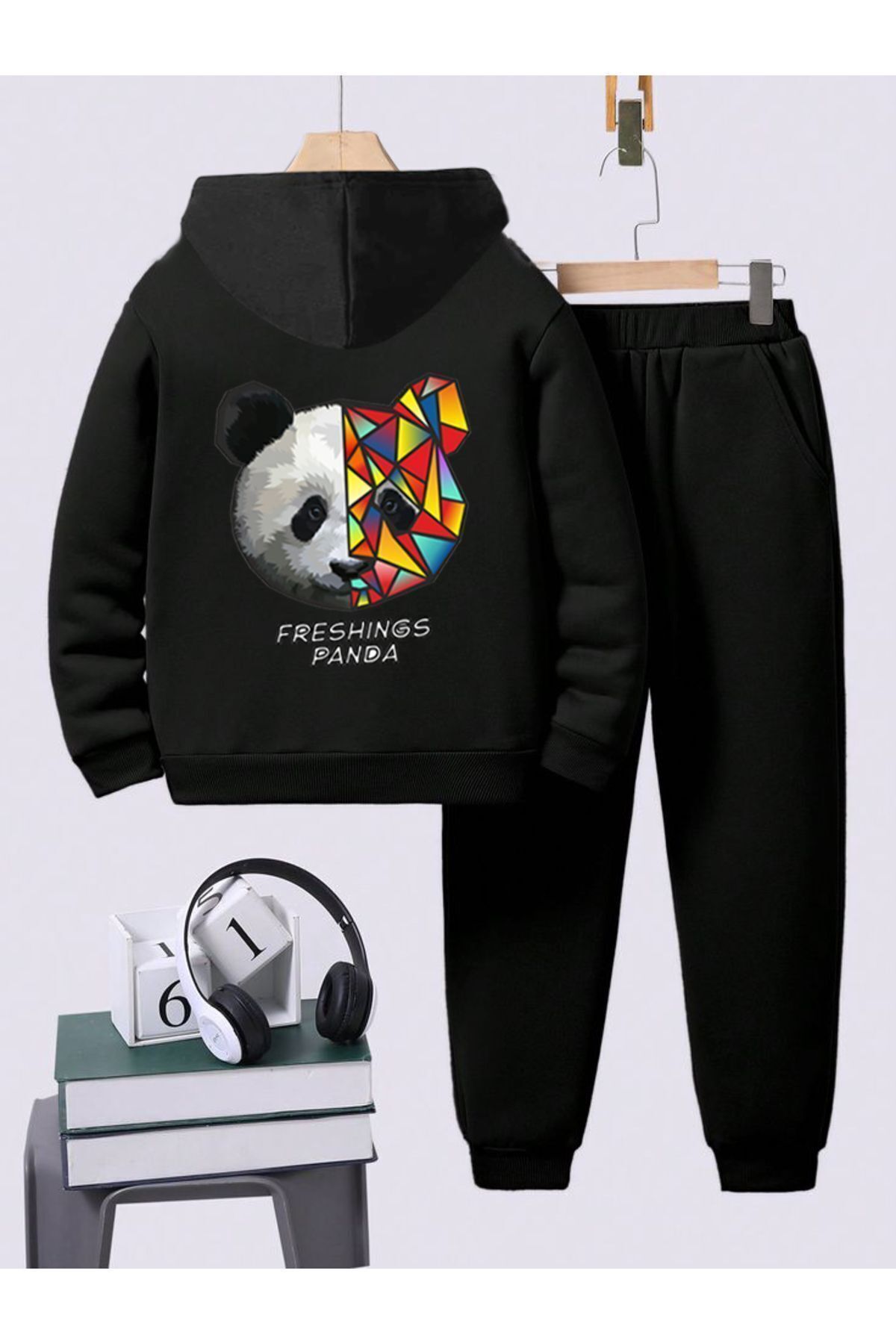 FoxSkin Sportswear&Company Freshings Panda Pamuk Çocuk Takım - Siyah Sweatshirt Jogger Baskılı Kız Erkek Çocuk Kapüşonlu