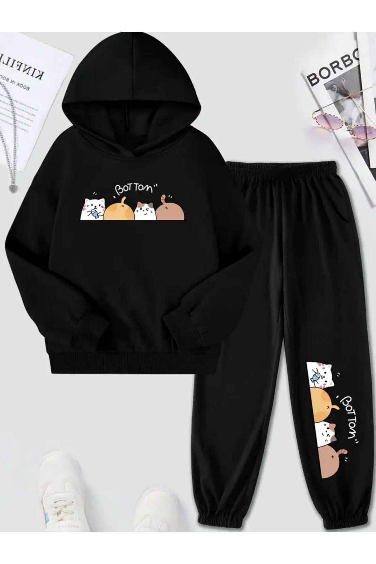 FoxSkin Sportswear&Company Bottom Cats Pamuk Çocuk Takım - Siyah Sweatshirt Jogger Baskılı Kız Erkek Çocuk Kapüşonlu