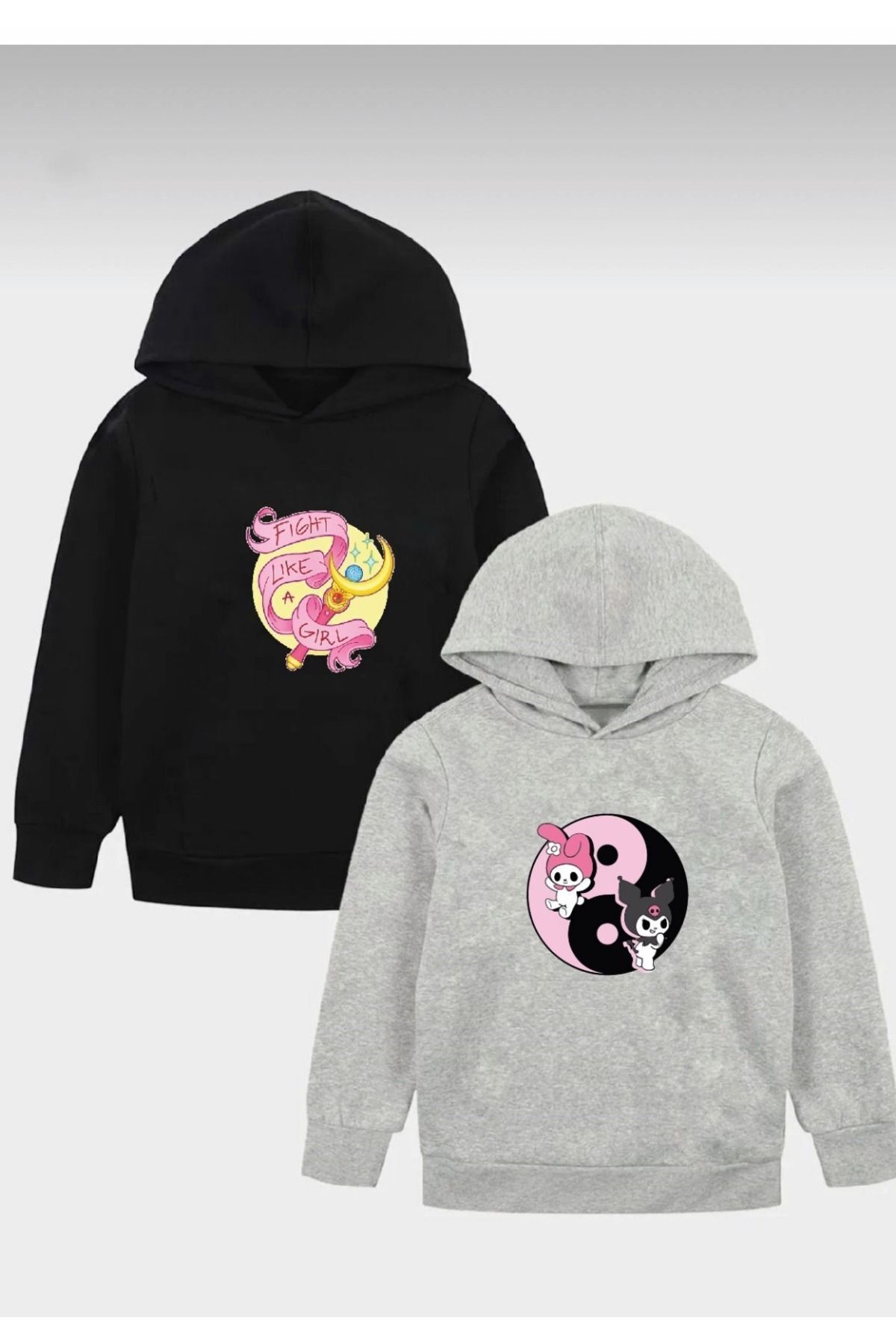 FoxSkin Sportswear&Company 2'Li Fight Ying Yang Pamuklu Çocuk Sweatshirt - Siyah Gri Baskılı Kız Erkek Çocuk Kışlık Kapüşonlu