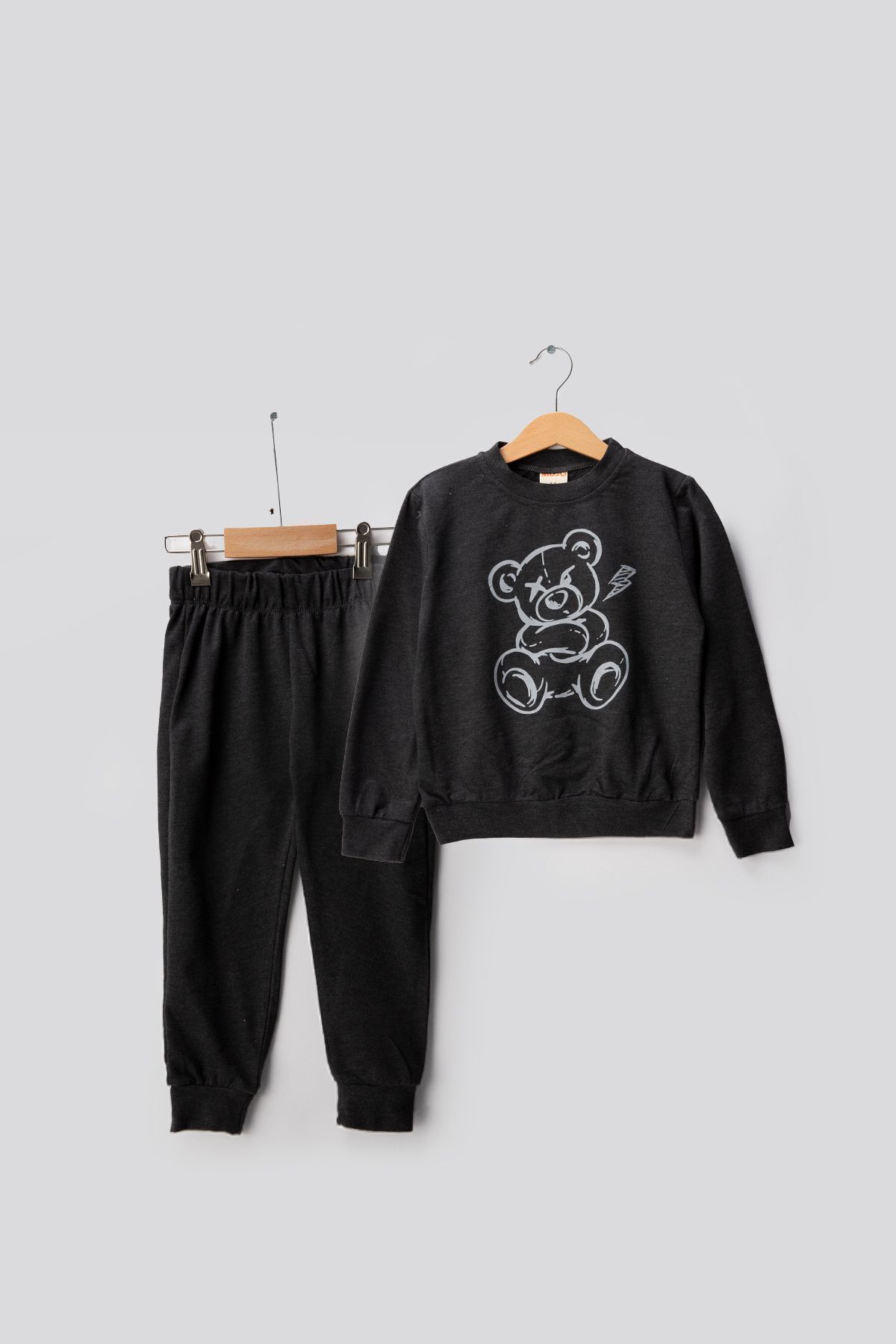 FoxSkin Sportswear&Company Kızgın Ayı Pamuk Çocuk Takım - Siyah Sweatshirt Jogger Baskılı Kız Erkek Çocuk Bisiklet Yaka