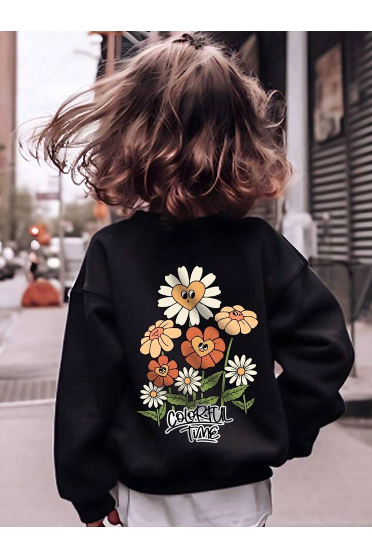 FoxSkin Sportswear&Company Colorful Flowers Pamuklu Çocuk Sweatshirt - Siyah Baskılı Kız Erkek Çocuk Kışlık Bisiklet Yaka