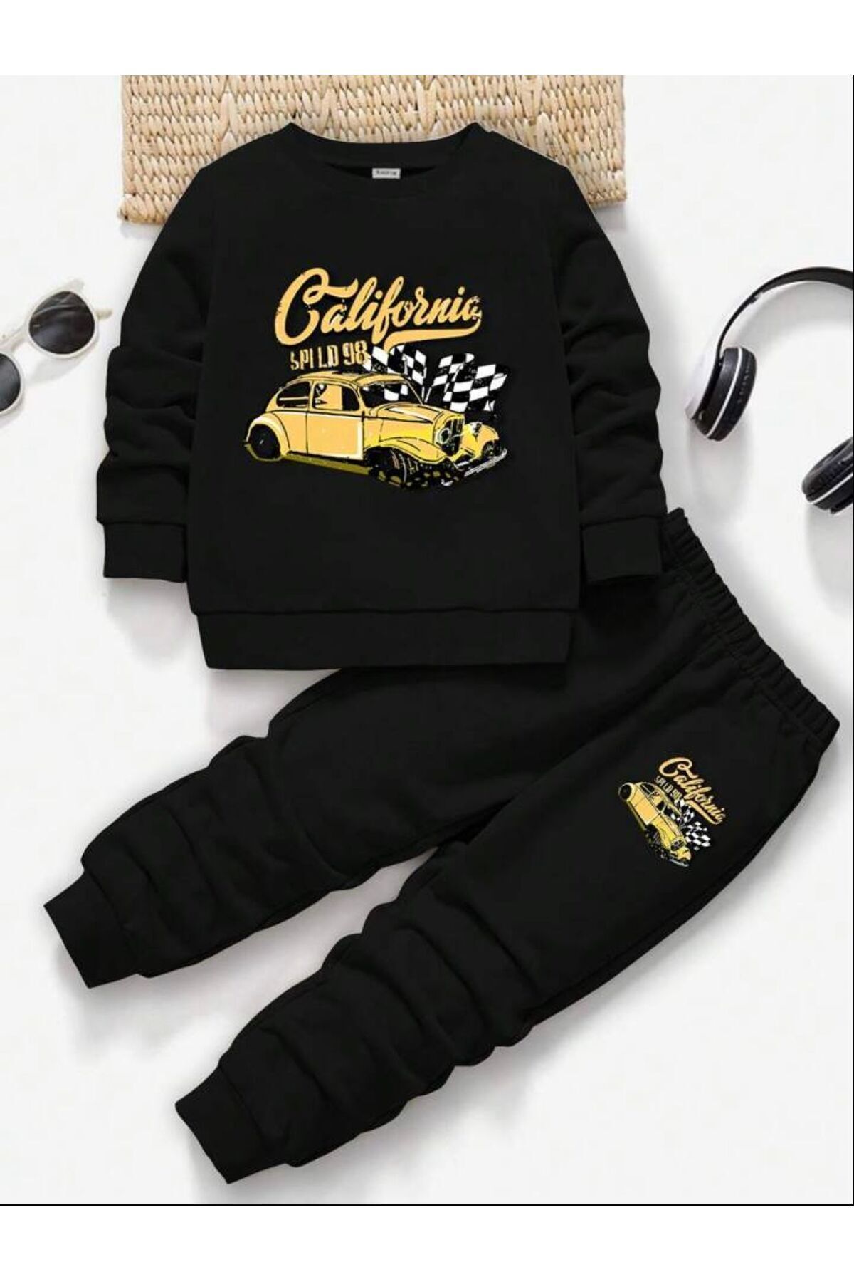 FoxSkin Sportswear&Company California Car Pamuk Çocuk Takım - Siyah Sweatshirt Jogger Baskılı Kız Erkek Çocuk Bisiklet Yaka