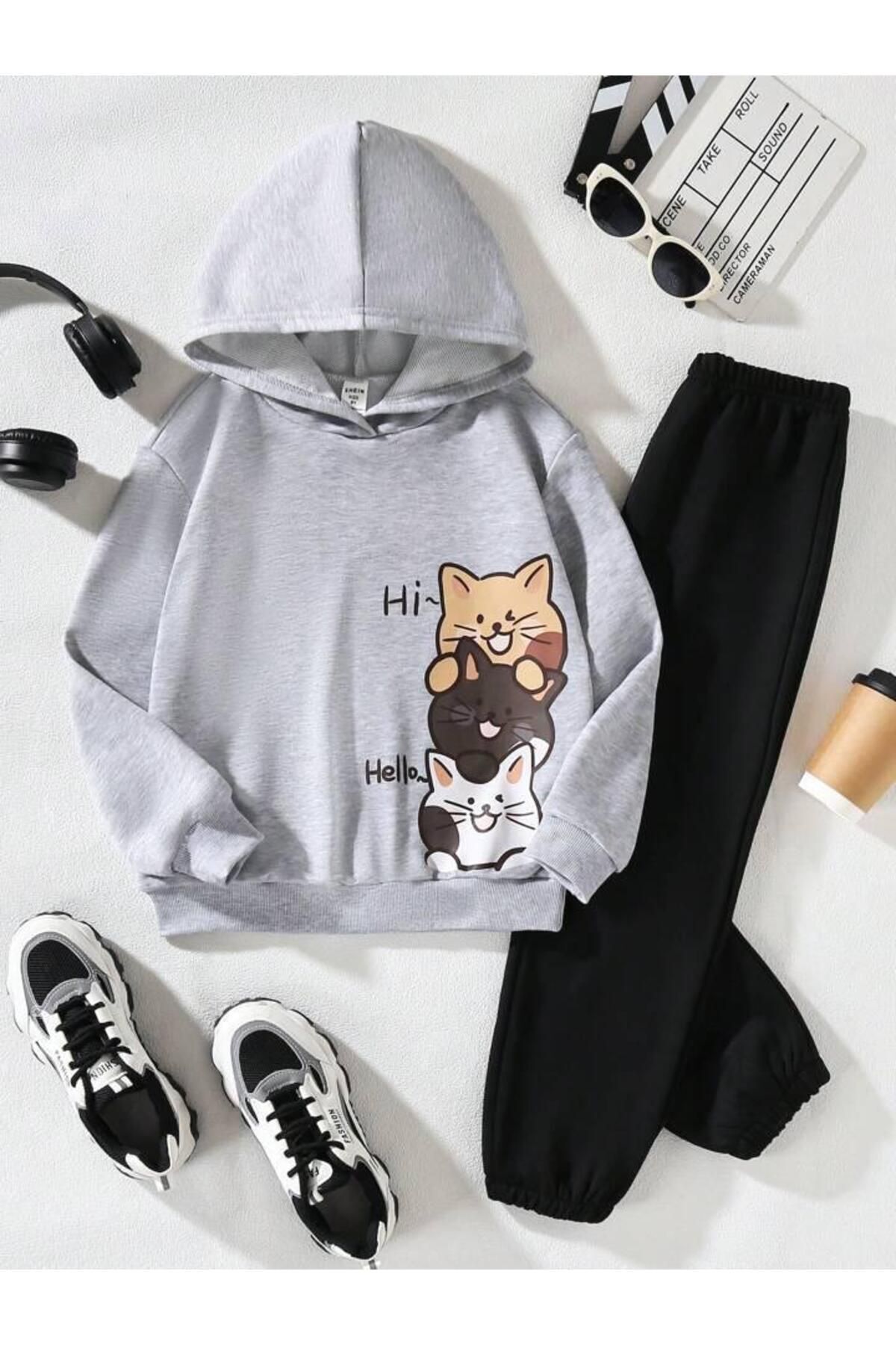FoxSkin Sportswear&Company Hello Cats Pamuk Çocuk Takım - Gri Siyah Sweatshirt Jogger Baskılı Kız Erkek Çocuk Kapüşonlu