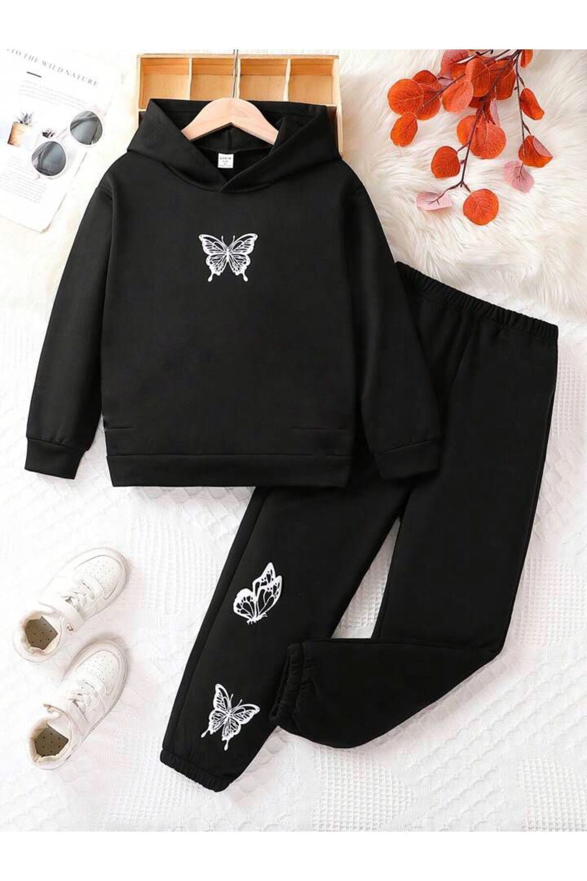 FoxSkin Sportswear&Company Uçan Kelebek Pamuk Çocuk Takım - Siyah Sweatshirt Jogger Baskılı Kız Erkek Çocuk Kapüşonlu