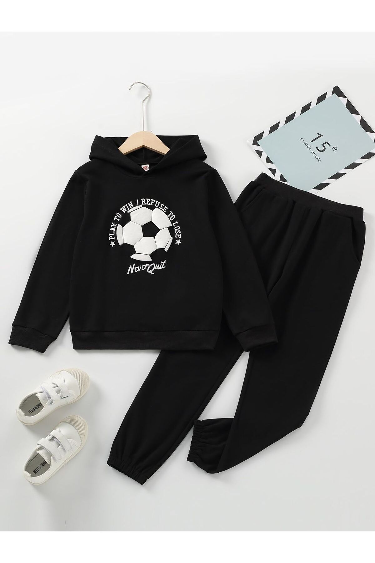FoxSkin Sportswear&Company Never Quit Top Pamuk Çocuk Takım - Siyah Sweatshirt Jogger Baskılı Kız Erkek Çocuk Kapüşonlu