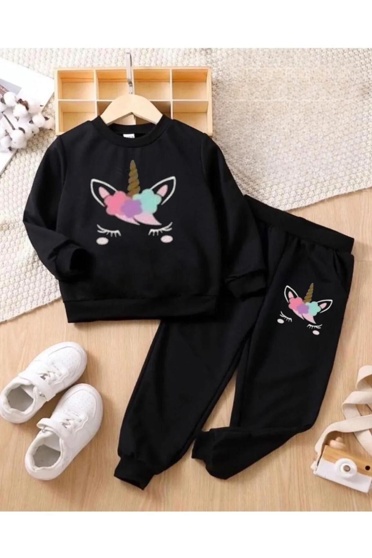 FoxSkin Sportswear&Company Unicorn Desen Pamuk Çocuk Takım - Siyah Sweatshirt Jogger Baskılı Kız Erkek Çocuk Bisiklet Yaka