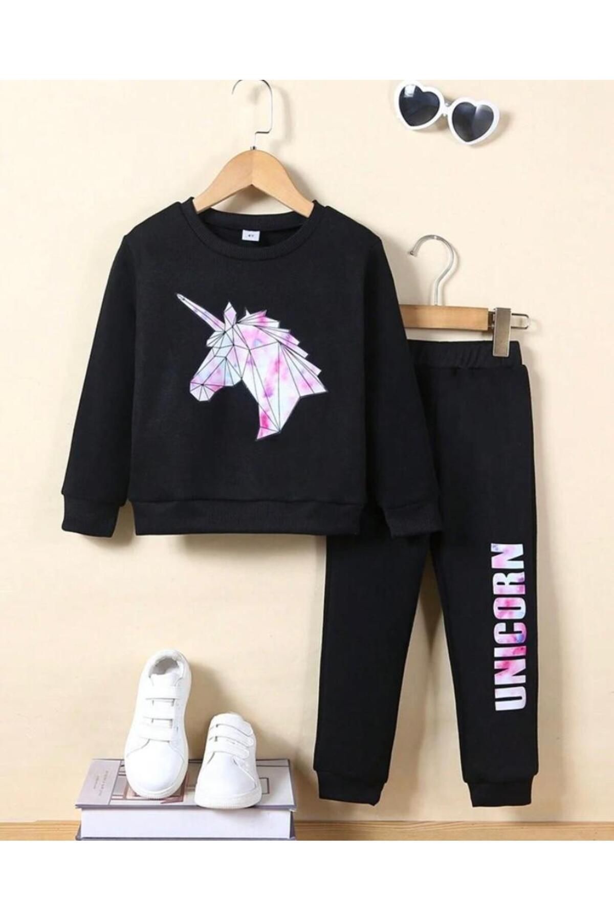 FoxSkin Sportswear&Company Unicorn Tasarım Pamuk Çocuk Takım - Siyah Sweatshirt Jogger Baskılı Kız Erkek Çocuk Bisiklet Yaka