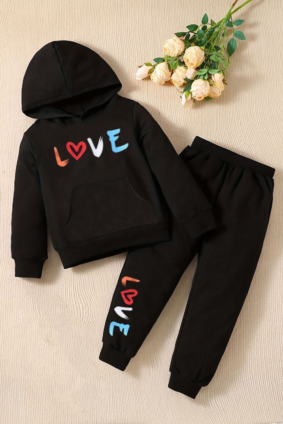 FoxSkin Sportswear&Company Love Yazı Pamuk Çocuk Takım - Siyah Sweatshirt Jogger Baskılı Kız Erkek Çocuk Kapüşonlu
