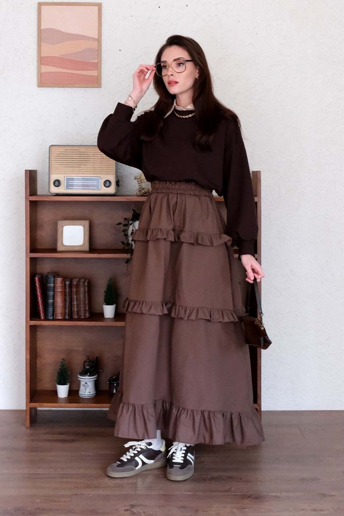 Ceylan Otantik-Bitter Brown Three Layer Ruffle Detailed Skirt 3