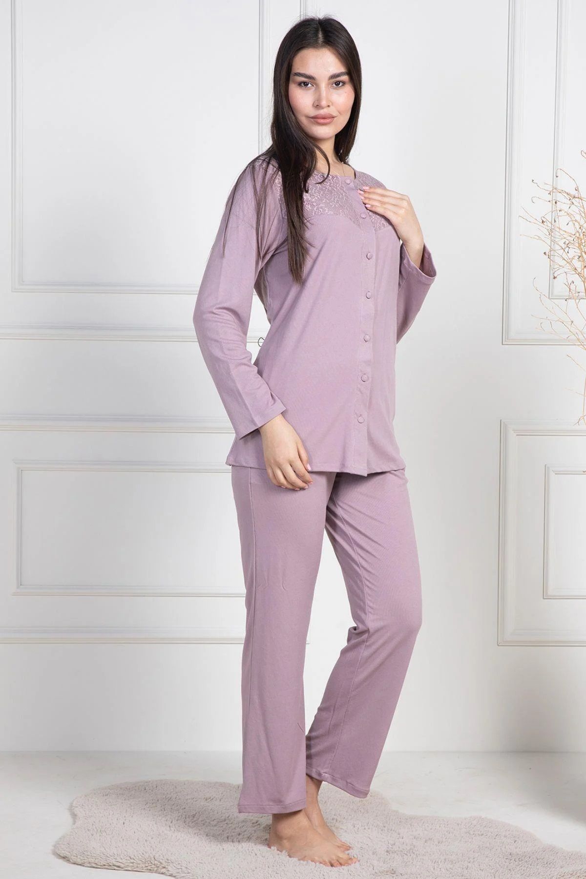 Mecit Pijama-طقم بيجامة نسائي مقاس كبير بأكمام طويلة وأزرار طويلة من قماش ميليسا 75% قطن 25% فيسكوز 1