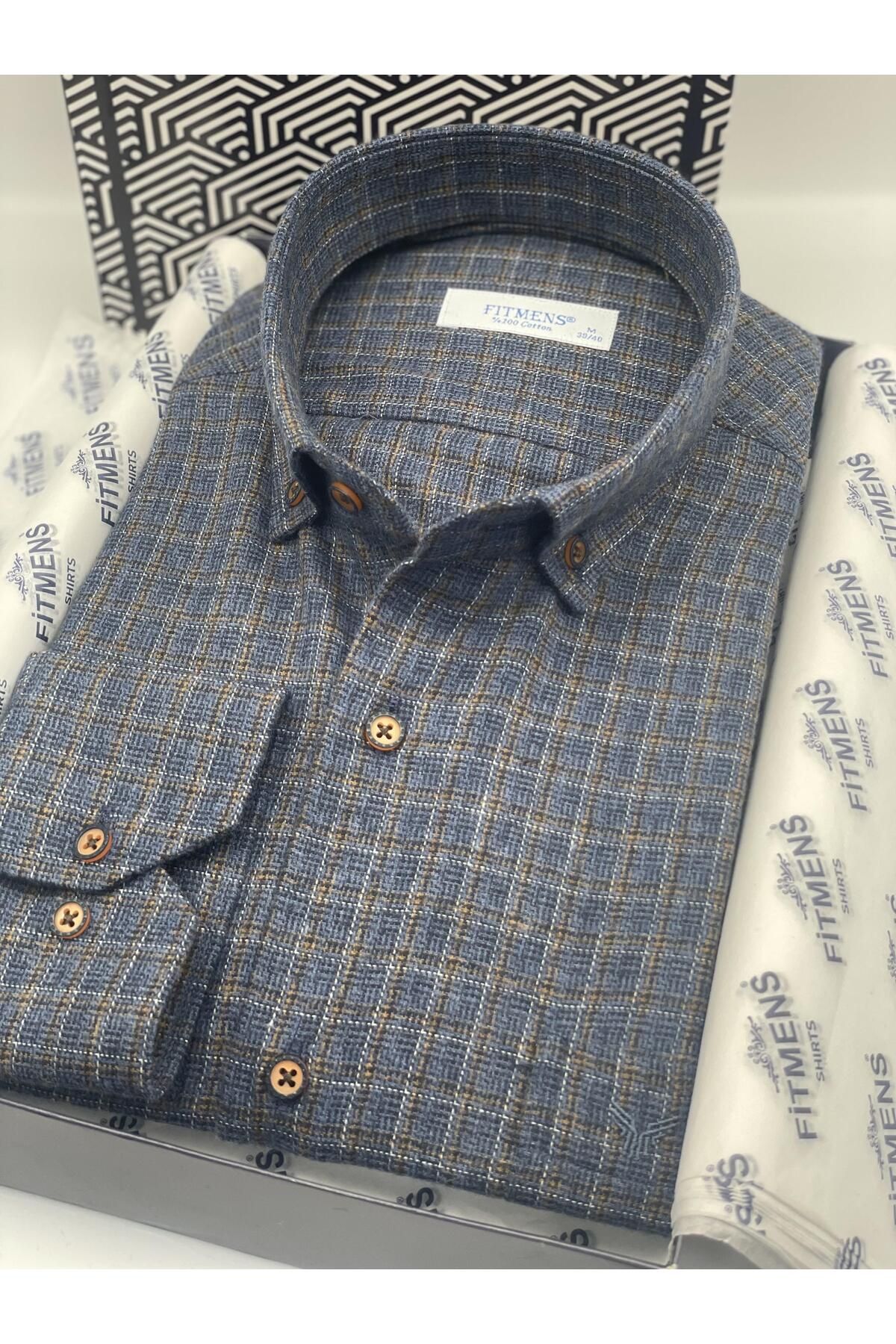 Fitmens-Winter Plaid Collar Navy Blue Men's Shirt - 100% Cotton, Long Sleeve, Button, Gift Boxed Fs- 003767 3