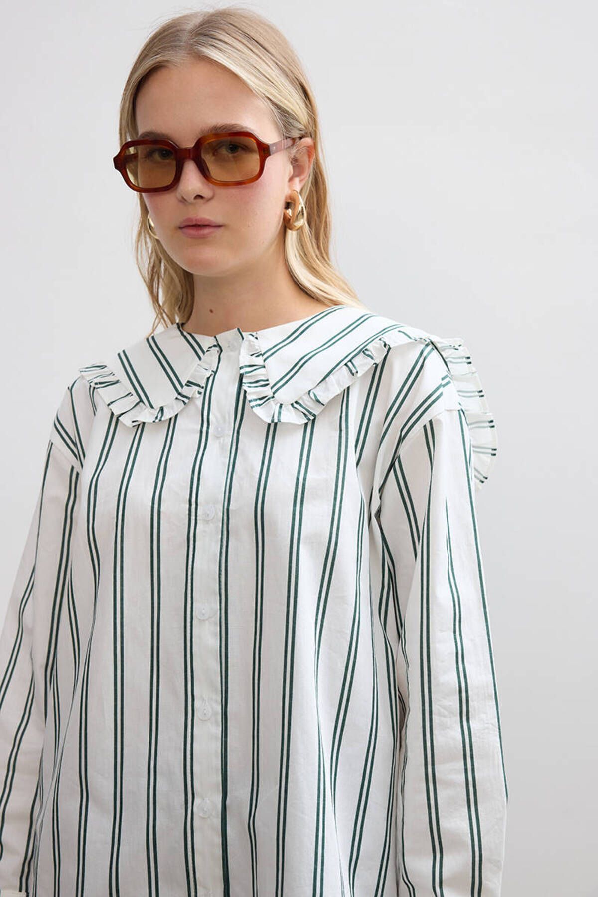 BE BLUE-Green Striped Collar Detailed Shirt 3