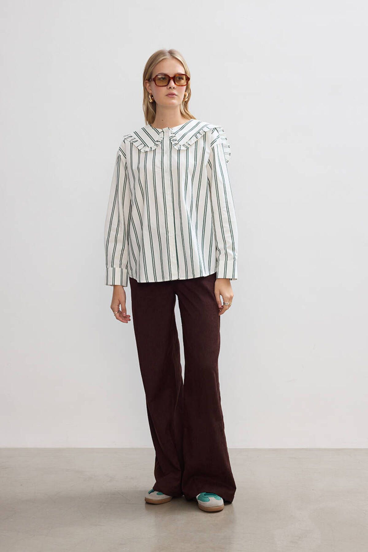 BE BLUE-Green Striped Collar Detailed Shirt 6