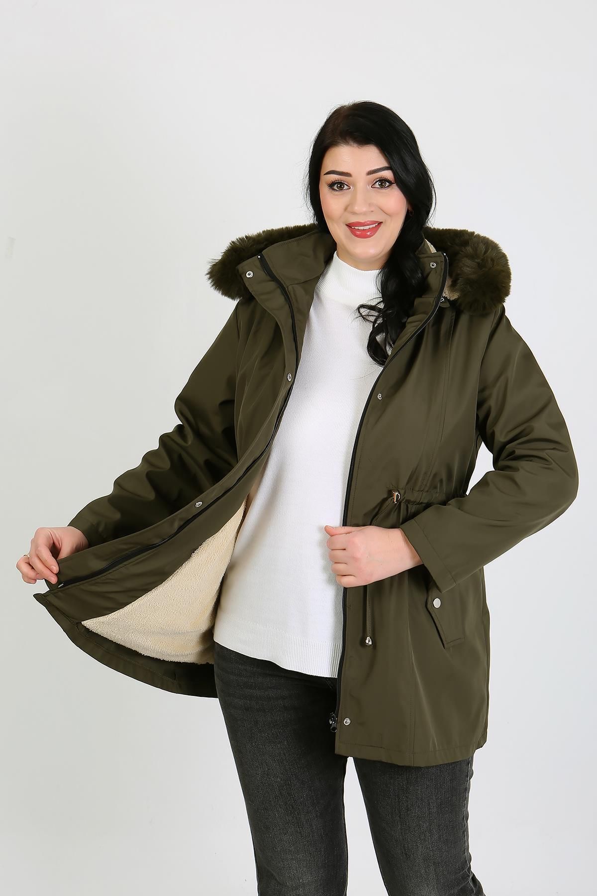 By Alba Collection-Women's Khaki Water Repellent Bondit Fabric Detachable Hooded Plus Size Coat 3