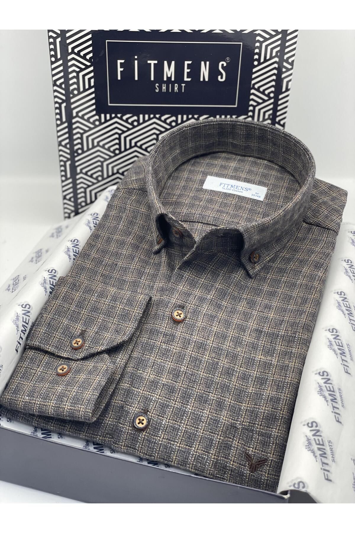 Fitmens-Classic Long Sleeve Winter Plaid Collar Buttoned 100% Cotton Gift Boxed Men's Shirt Fs- 003767   - Coffee 1