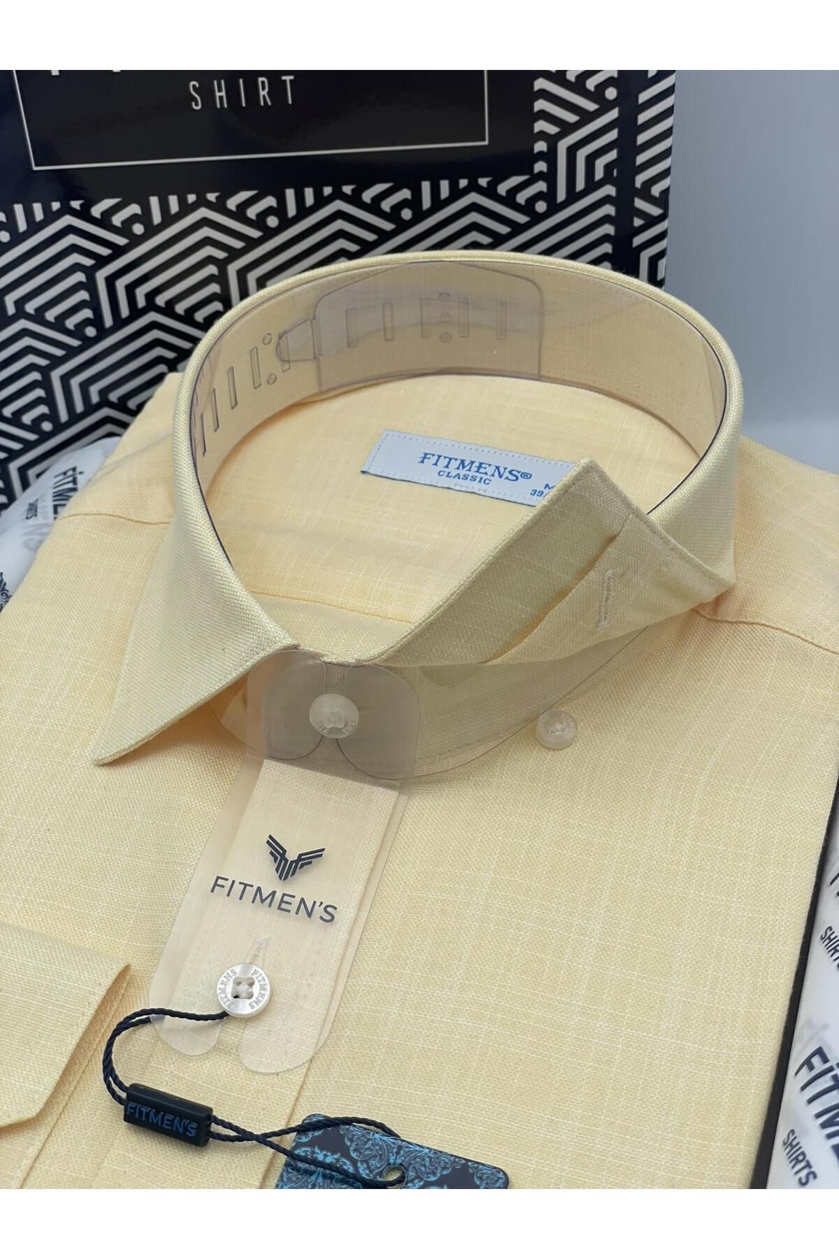 Fitmens-Classic Long Sleeve Linen Collar Bottom Button Men's Shirt with Gift Box Fs- 003686   - Yellow 4