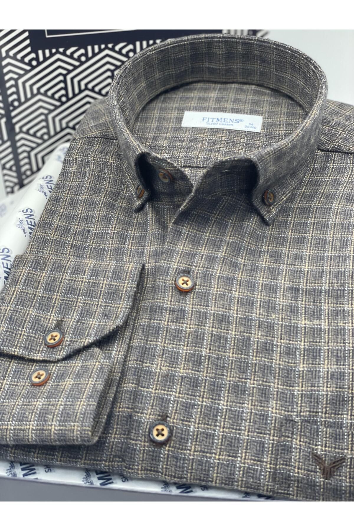 Fitmens-Classic Long Sleeve Winter Plaid Collar Buttoned 100% Cotton Gift Boxed Men's Shirt Fs- 003767   - Coffee 2