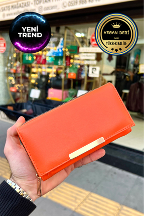 CüzCan Turuncu Vegan Deri Kullanışlı Çok Gözlü Kadın Cüzdan ( Sevgililer Günü...