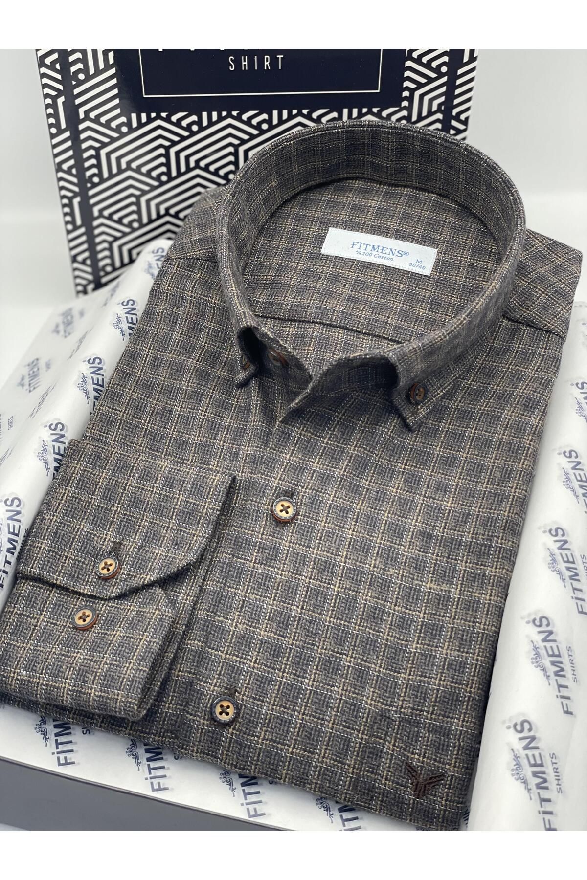 Fitmens-Classic Long Sleeve Winter Plaid Collar Buttoned 100% Cotton Gift Boxed Men's Shirt Fs- 003767   - Coffee 3