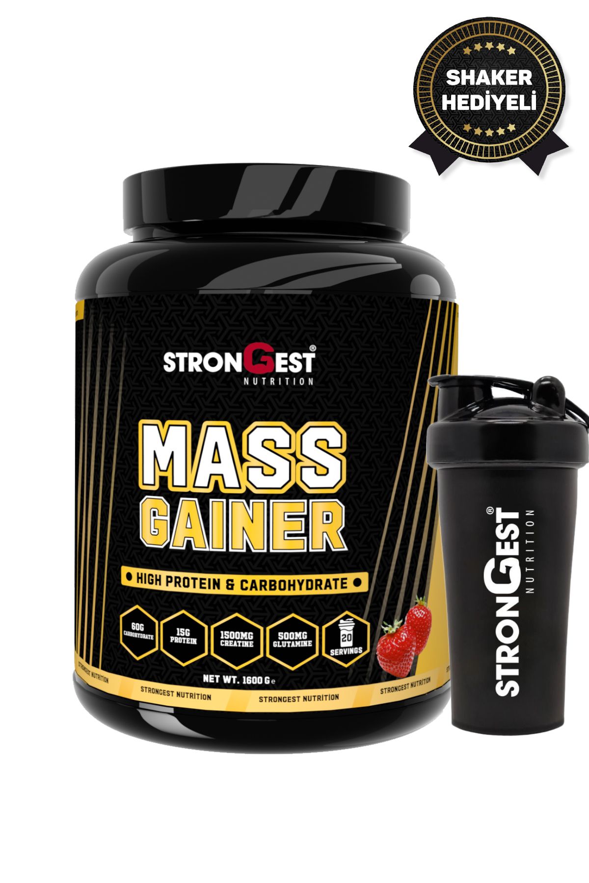 STRONGEST Mass Gainer 1600 gr Kilo Almaya Yardımcı Karbonhidrat Tozu Çilek Aromalı