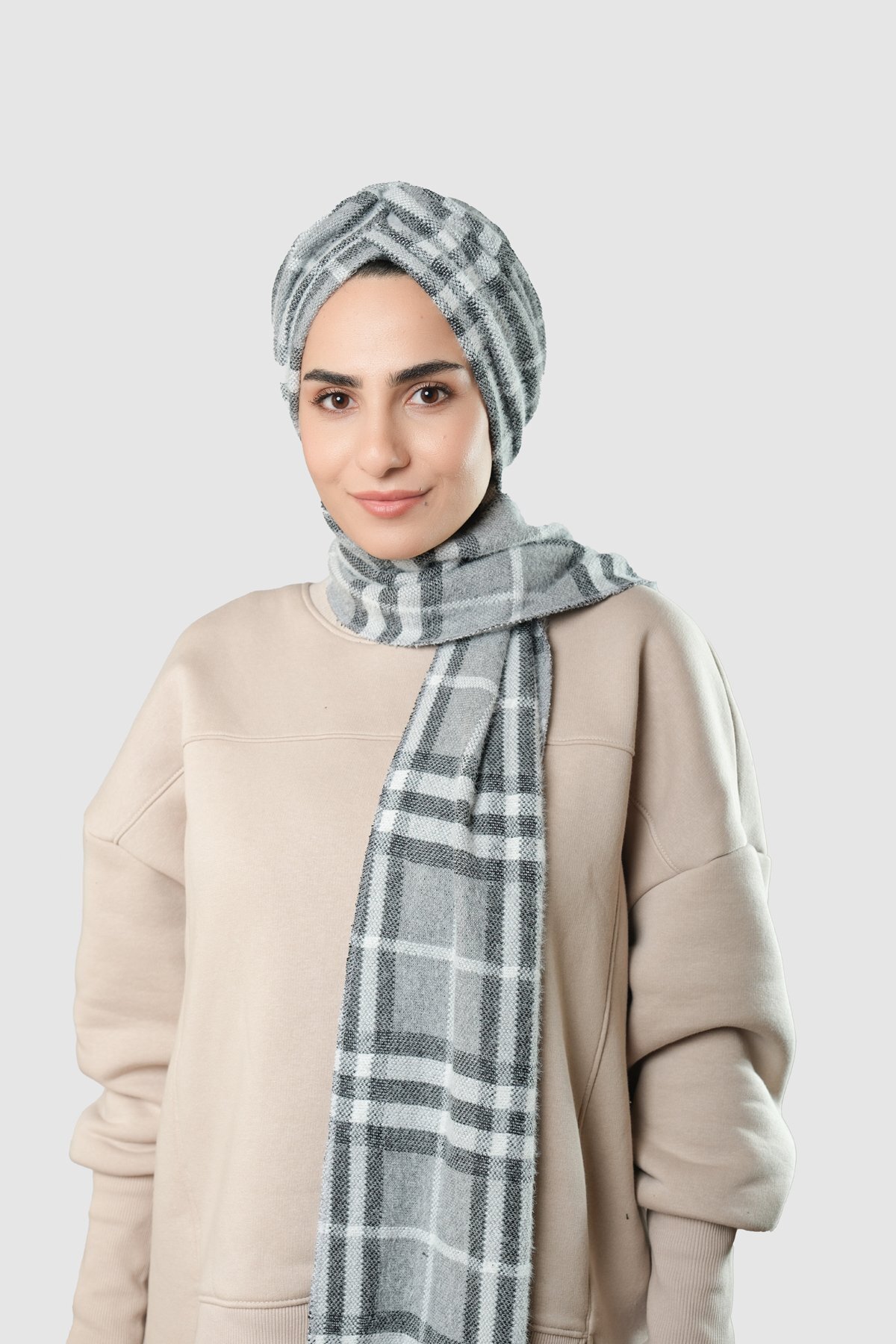 Gray Winter Self-Heeled Hijab Bonnet Jacquard Plaid 2322_15