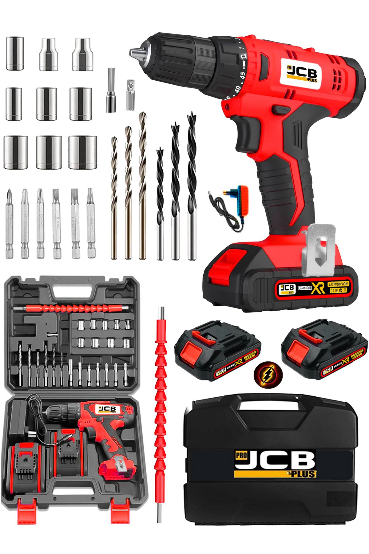 ProJCB Plus Germany Pro Red J-8414 Çift Akülü Şarjlı Matkap Vidalama 45 Kademe Torklu Bakır Sargılı Super Set