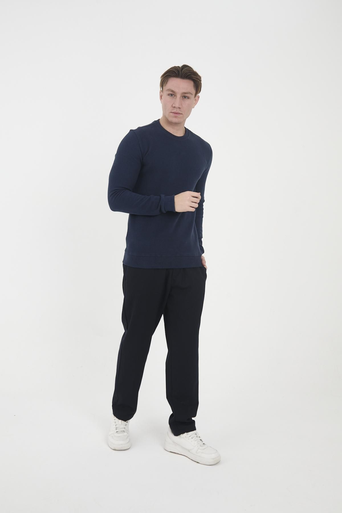 Maccali-Men's Comfortfit Long Crew Neck Basic Navy Blue Sweatshirt 3