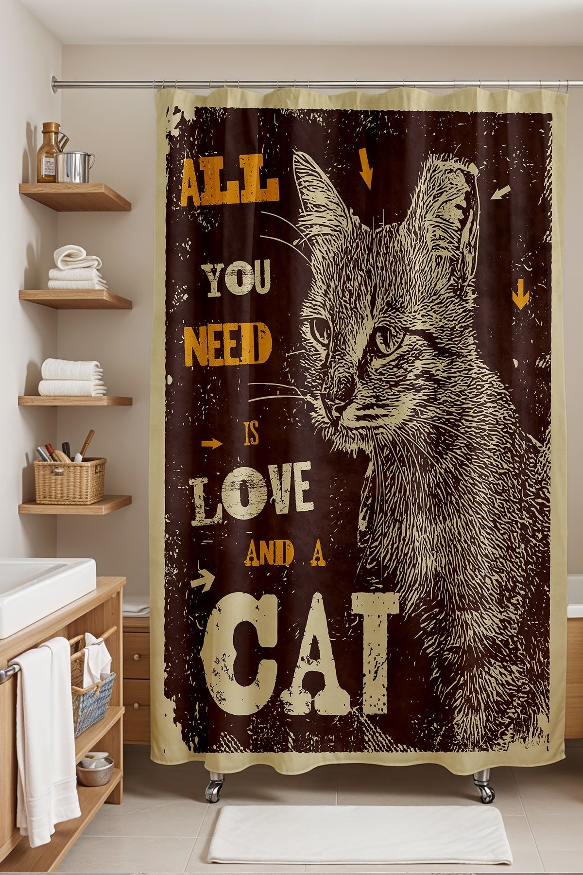 EVPANYA Banyo Perdesi, Retro Siyah Yazılı Kedi Poster Desenli Duş Perdesi, Küvet Perdesi 175x200cm