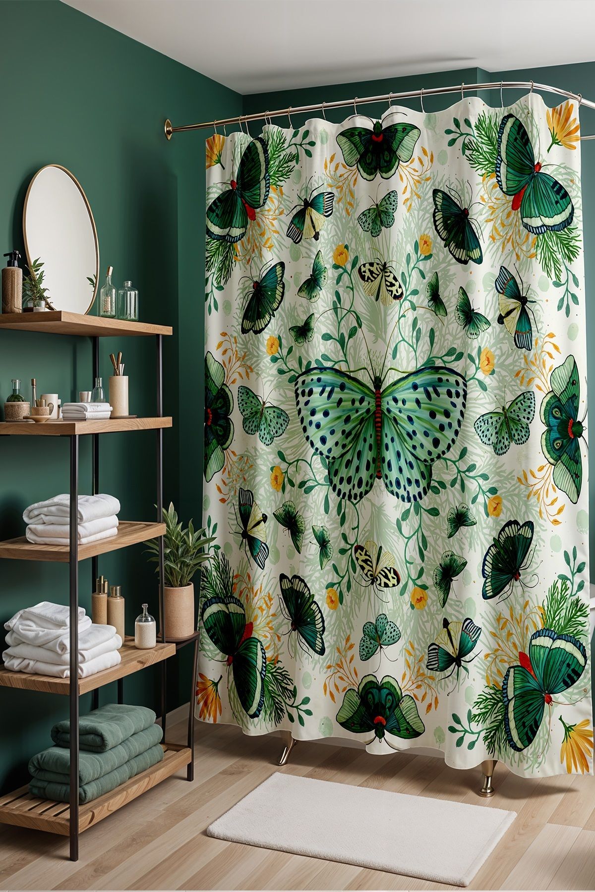 EVPANYA Banyo Perdesi, Yeşil Kelebekler Desenli Duş Perdesi, Küvet Perdesi 175x200cm