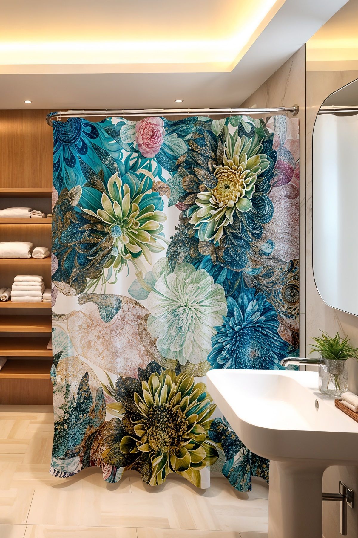 EVPANYA Banyo Perdesi, Lacivert Kır Çiçekleri Desenli Duş Perdesi, Küvet Perdesi 175x200cm