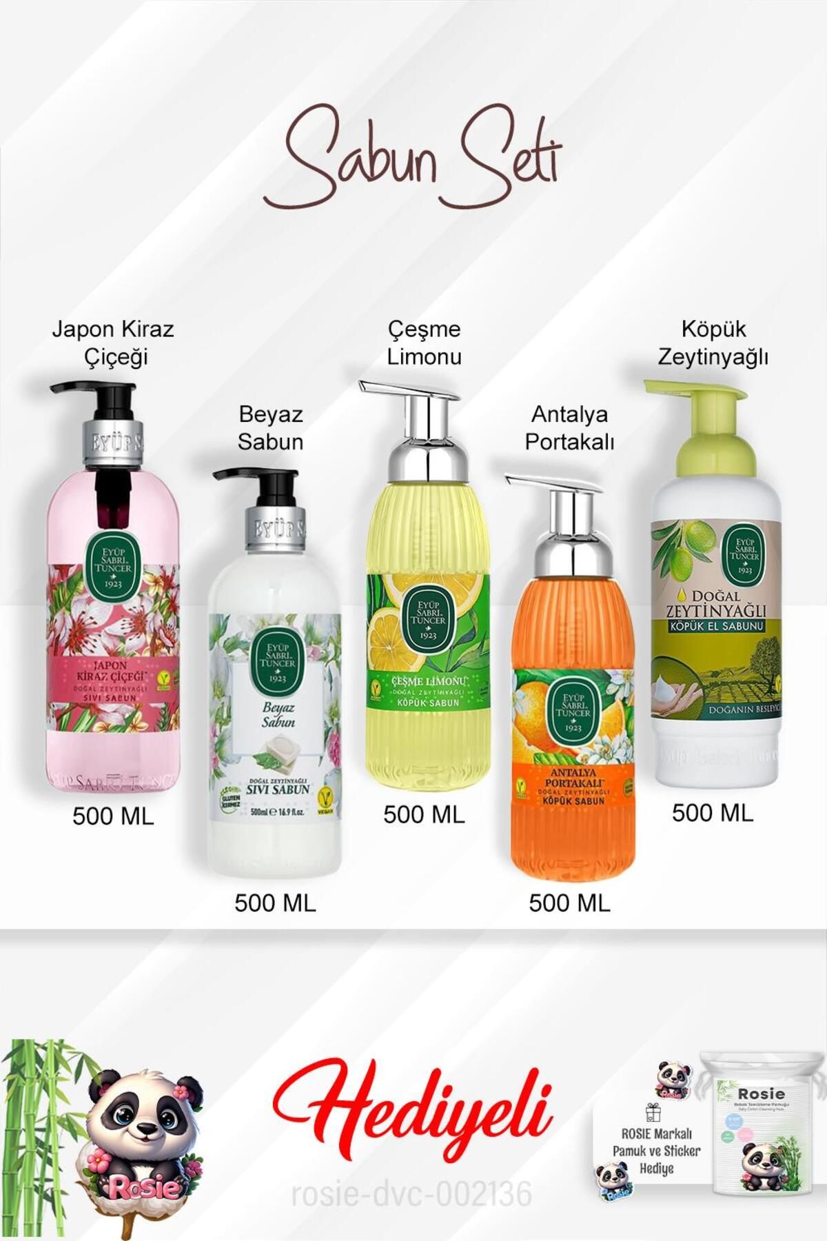 Eyüp Sabri Tuncer 500 ML Sabun Paket Çeşme Limonu, Antalya Portakalı ,Japon Kiraz Çiçeği, Beyaz Sabun, Zeytinyağlı ve