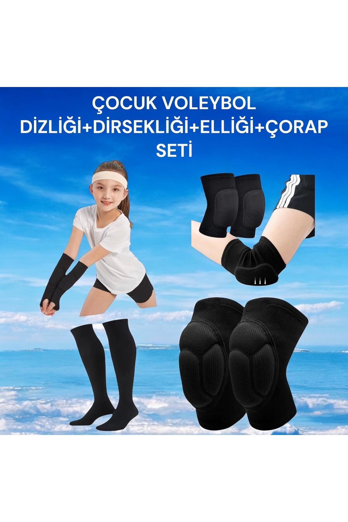 Gök Sports Çocuk Voleybol Dizliği Voleybol Dirsekliği Elliği Çorabı Kapartma Sünger Destekli 4’lü Set