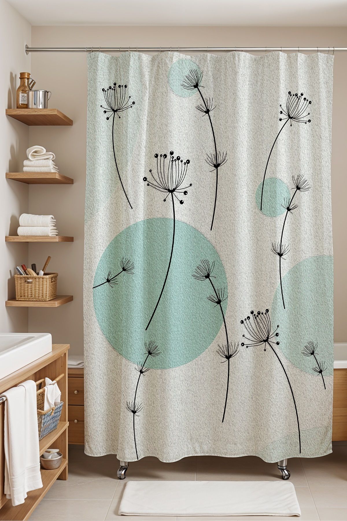 EVPANYA Banyo Perdesi, Mavi Ay ve Karahindibağlar Desenli Duş Perdesi, Küvet Perdesi 175x200cm