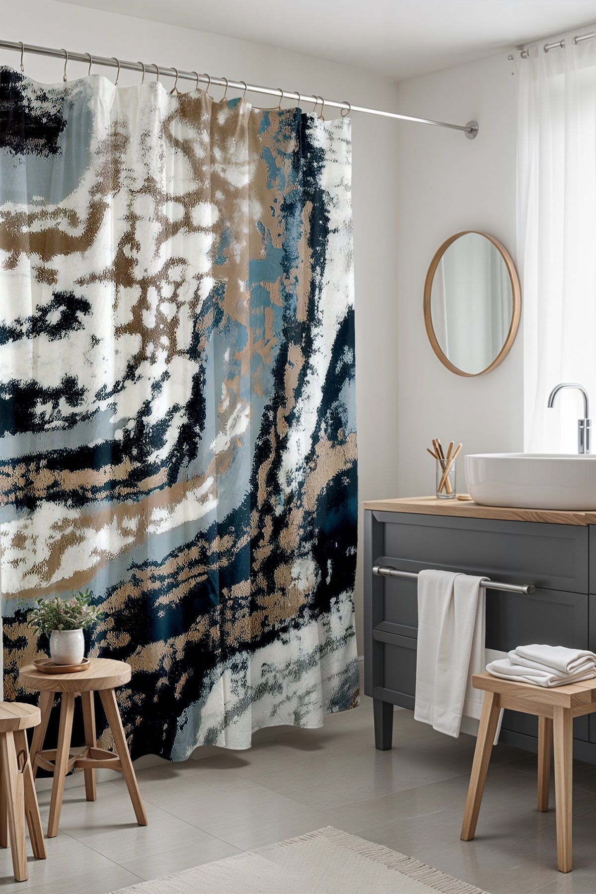 EVPANYA Banyo Perdesi, Soyut Lacivert Krem Geçişi Desenli Duş Perdesi, Küvet Perdesi 175x200cm