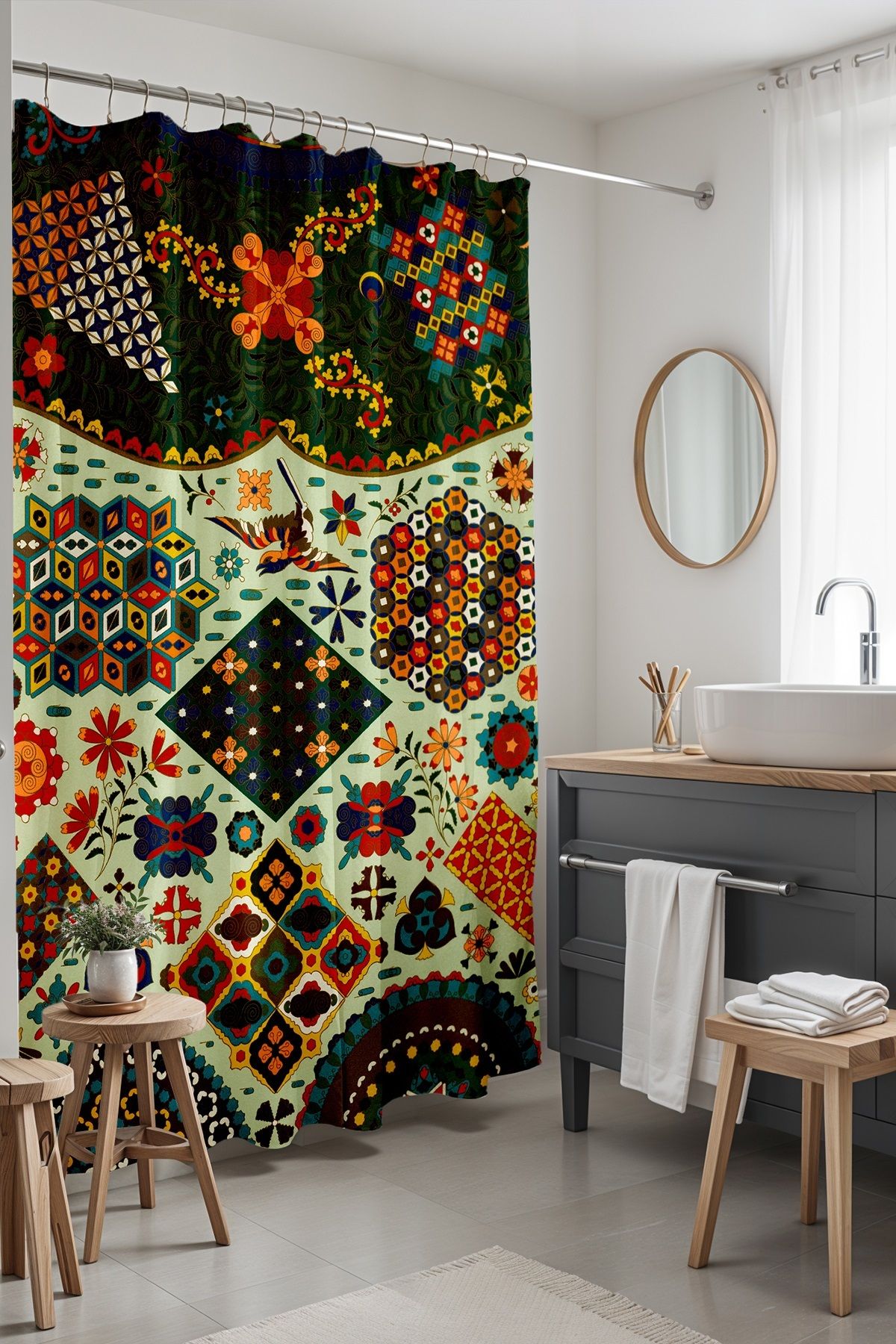 EVPANYA Banyo Perdesi, Etnik Yeşil Çiçekler Desenli Duş Perdesi, Küvet Perdesi 175x200cm