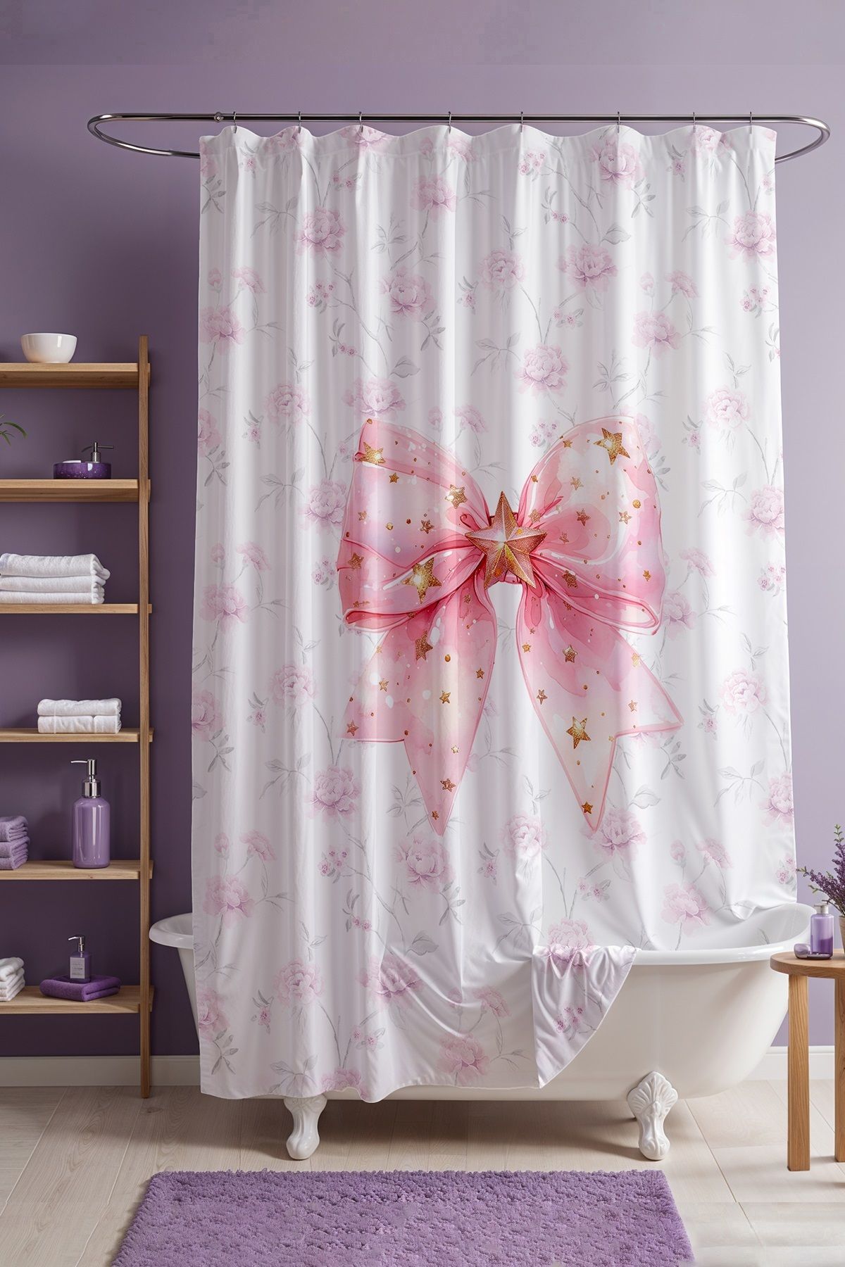 EVPANYA Banyo Perdesi, Pembe Çiçekli Yıldızlı Fiyonk Desenli Duş Perdesi, Küvet Perdesi 175x200cm