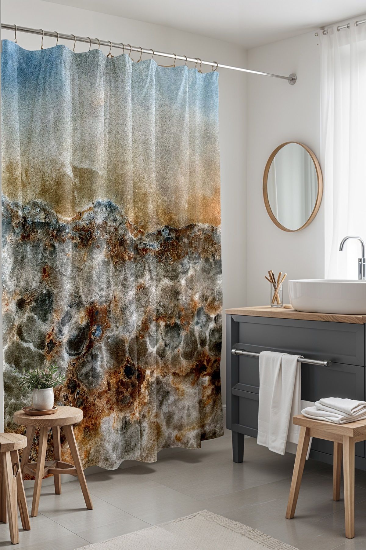 EVPANYA Banyo Perdesi, Mavi Tuzlu Deniz Desenli Duş Perdesi, Küvet Perdesi 175x200cm