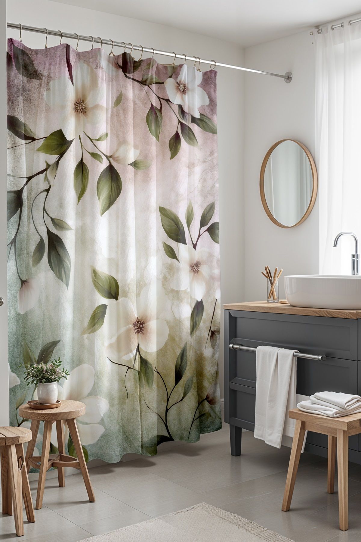 EVPANYA Banyo Perdesi, Beyaz Ayva Çiçekleri Desenli Duş Perdesi, Küvet Perdesi 175x200cm