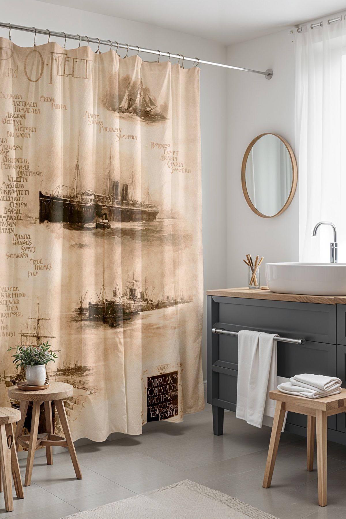 EVPANYA Banyo Perdesi, Vintage Eskitme Gemiler Desenli Duş Perdesi, Küvet Perdesi 175x200cm