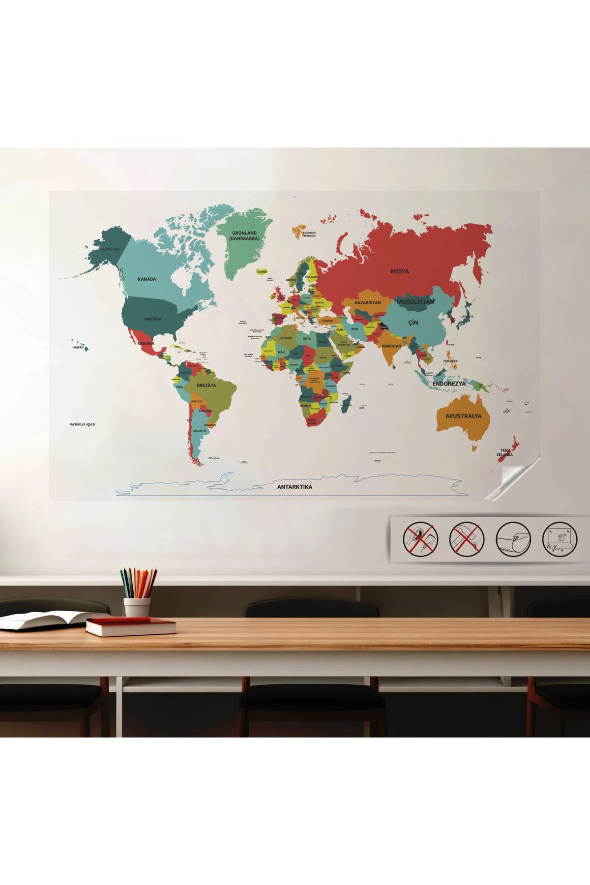 ZERO LAND Statik Kağıt Renkli Dünya Haritası 56 CM X 100 CM TÜRKÇE 624121