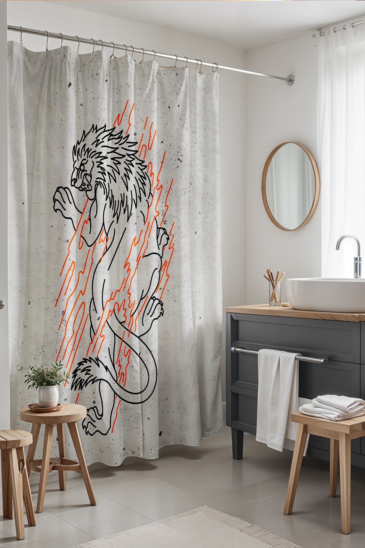 EVPANYA Banyo Perdesi, Gri Hırçın Aslan Desenli Duş Perdesi, Küvet Perdesi 175x200cm