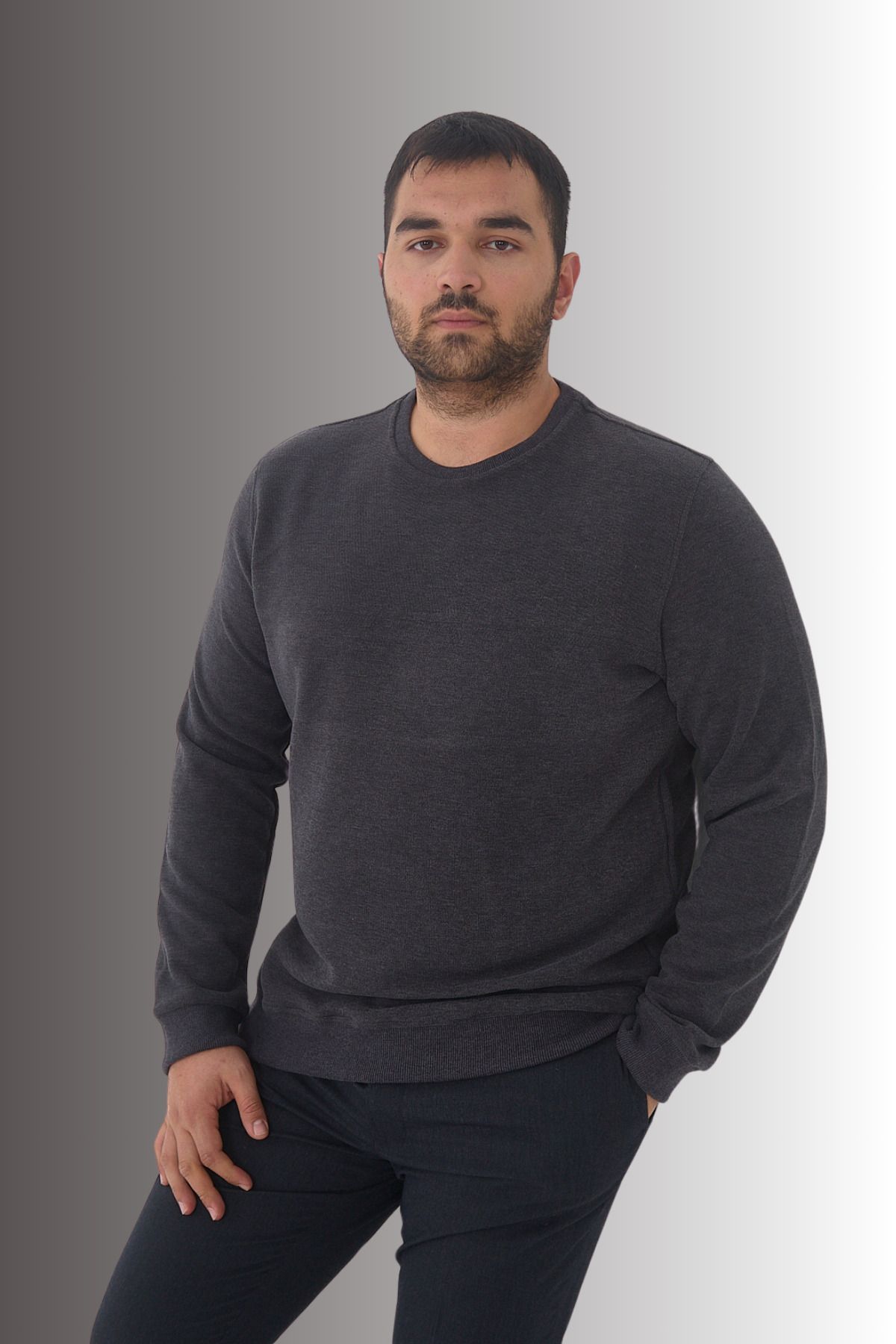 Erkek Kışlık Bisiklet Yaka Battal Basic Gri Sweatshirt